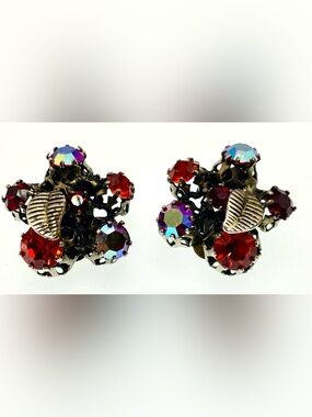 Vintage Austria AB Crystal Clip On Earrings 1950s 60s Rhinestone Leaf